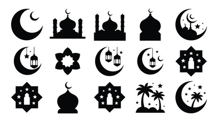Obraz premium Ramadan kareem islamic symbols set mosques crescent moons lanterns and stars on white background