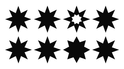 Fototapeta premium Eight black starburst shapes arranged in two rows on white background for design and graphic resources
