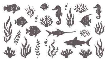 Colorful underwater sea life set with fish, shark, seahorse, coral, and algae in flat design vector illustration © Abirex
