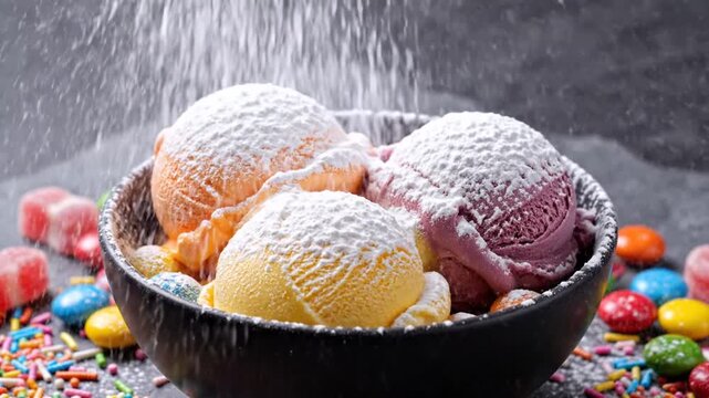 Colorful ice cream scoops with sprinkles and candies in a bowl, dessert concept