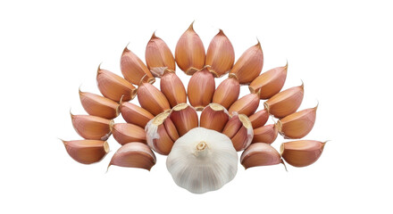 Obraz premium ニンニク1玉と茶色いニンニク皮の扇形配置 白背景の商品写真 フード広告 or レシピバナー用