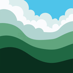 Fototapeta premium Stylized landscape with layered hills and fluffy clouds