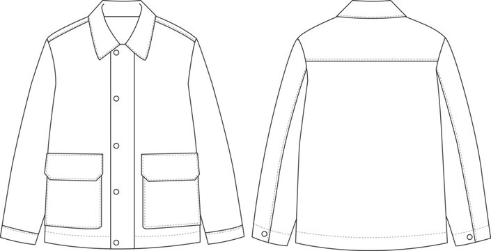 Men's Chore Jacket Technical Flat Sketch, Workwear Overshirt Template Front and Back View
