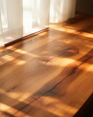 Fototapeta premium Warm natural light on wooden desk by window with white curtains