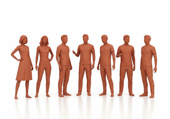 Group of stylized terracotta-colored figures in casual t-shirts and dresses, standing on a white background.