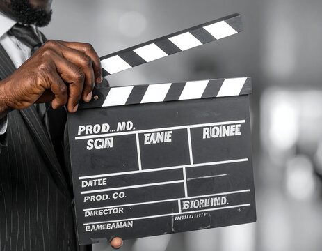 A person in a suit holding a film clapperboard close-up
