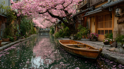 Peaceful spring scenery of wooden boat floating on canal in Kyoto Japan under pink cherry blossom sakura trees dropping petals on water
