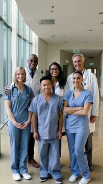 Diverse group of healthcare professionals posing together in a hospital corridor, vertical shot