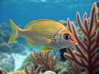 Vibrant Yellow Striped Fish Swimming Close to Coral Reef in Clear Blue Water