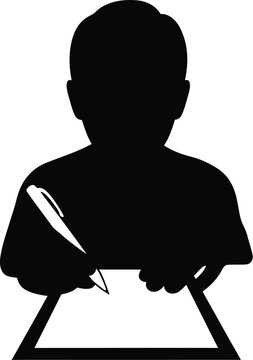 Silhouette of a child writing on paper with a pencil from a front viewpoint illustration