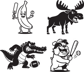 Vector cartoon mascots set: banana baseball player, angry moose, alligator playing football, bulldog batter, isolated on white