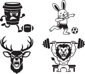Vector cartoon sports mascots set: angry coffee cup playing football, bunny soccer player, roaring deer head, strong lion lifting weights, isolated on white