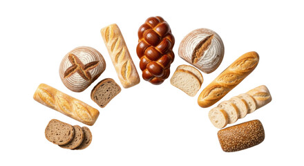 パンの種類詰め合わせ カンパーニュとバゲットとプレッツェルの俯瞰写真 白背景カットアウト Isolated on transparent background, png