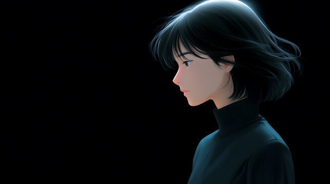 A captivating illustration of a woman immersed in quiet contemplation against a dark background, revealing her silhouette and refined features