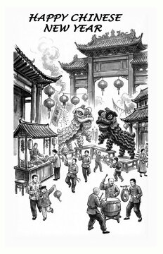 Drawing of chinese temple in chinese style,happy  chinese new year,