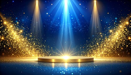 Golden Podium with Blue and Gold Spotlight and Glittering Particles.