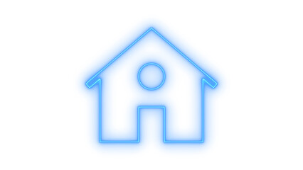 Fototapeta premium A captivating blue neon outline icon of a modern house, featuring a stylized human figure centrally placed inside, symbolizing smart home security and user connectivity, isolated on transparent
