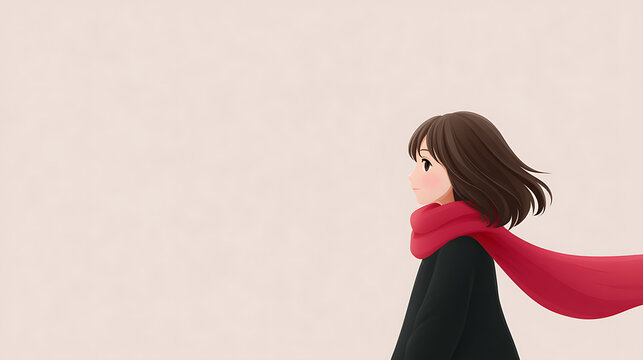 A solitary figure wearing a scarf, gazing into the distance. It evokes a feeling of peacefulness, daydreaming and solitude