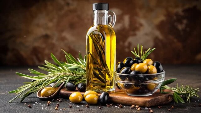 bottle of premium olive oil with bowl of olives