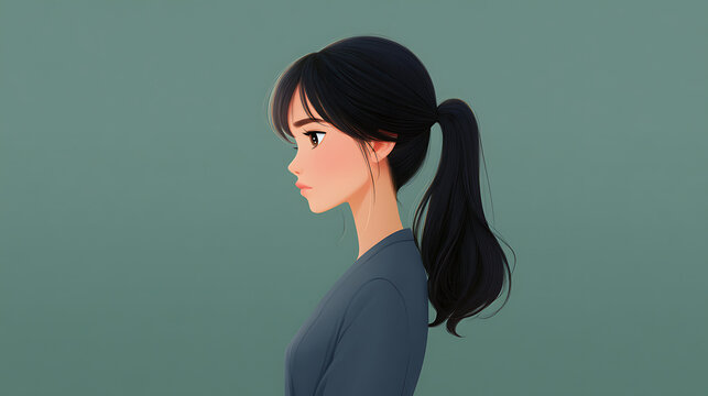A pensive young woman in profile against a serene backdrop, deep in thought. Her dark hair is pulled back in a ponytail