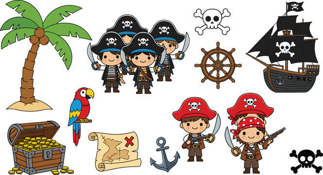 Cute pirate characters and nautical elements vector set with treasure, ship and island icons for children design