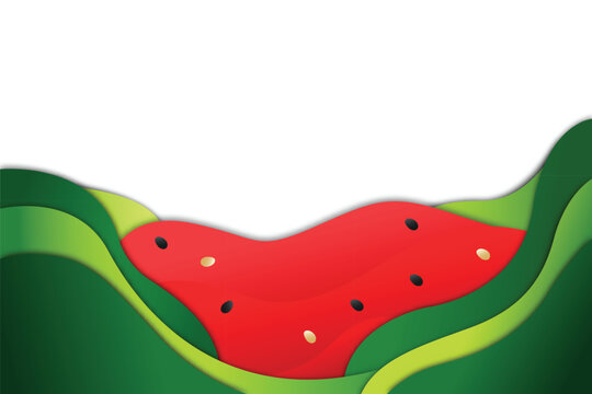Abstract watermelon paper cut background with green wavy layers and red fruit core, creative summer vector with copy space