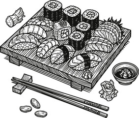 Assorted sushi platter with nigiri and maki rolls on wooden board with chopsticks and soy sauce