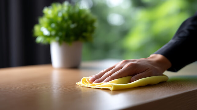 A close-up view of a hand wiping down a wooden table with a yellow cloth