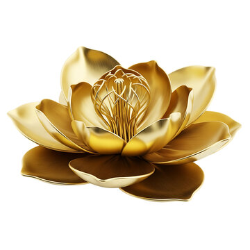 Detailed 3d render of a luxurious golden lotus flower sculpture on transparent background