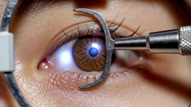 Detailed close-up of a human eye undergoing a comprehensive ophthalmic examination with specialized medical equipment, highlighting the intricate structures of the iris and pupil during a routine vis.