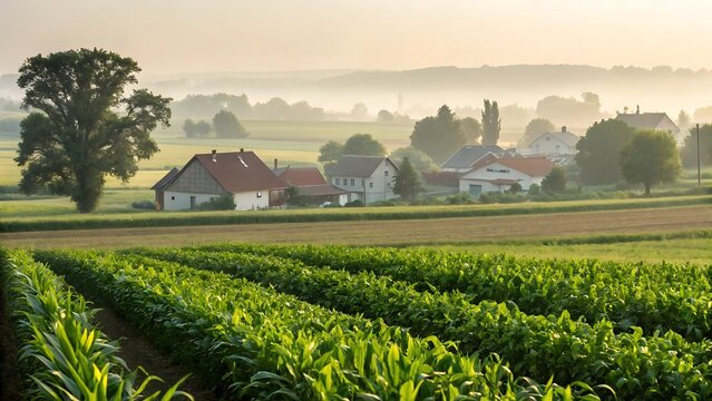 Misty morning over farm houses and green fields in peaceful rural landscape