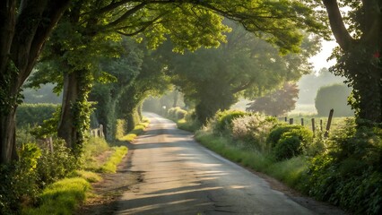 Obraz premium Tree lined country road bathed in golden morning sunlight