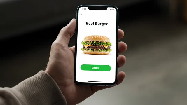 A person's hand holding a smartphone displaying a beef burger image and an order button on a white screen.