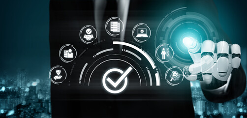 Obraz premium AI powers quality assurance through intelligent control systems, compliance monitoring, and virtual assistants to ensure product excellence. Vouch