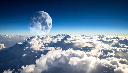 Glowing moon over a sea of fluffy clouds in the night sky