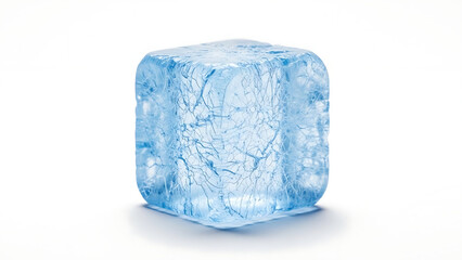 Obraz premium A single, perfectly formed ice cube with a blue tint on a white background
