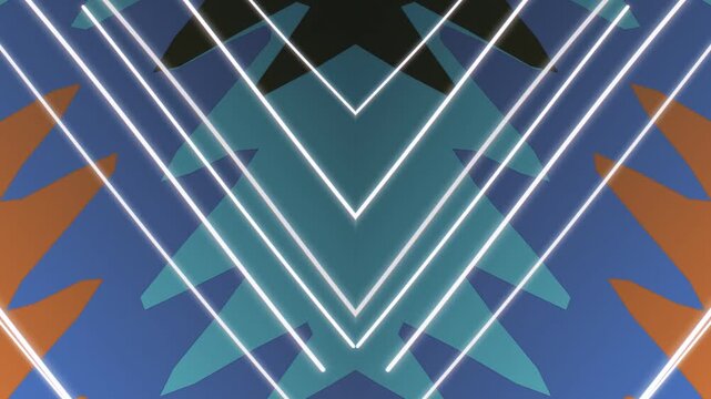 Geometric Neon Light Strips Forming V Shape Pattern in Colorful Abstract Scene