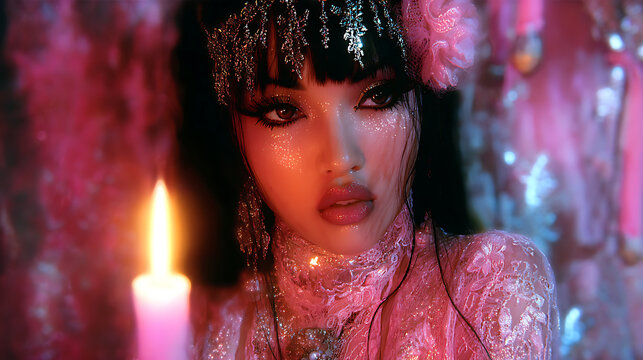 A mystical woman in ornate attire with candle