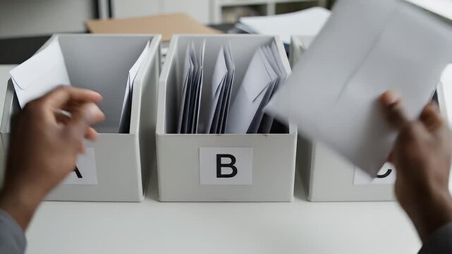 Video sequence showing mail sorting into compartments A B C.