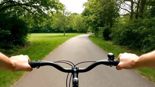 First-person view of hands on bicycle handlebars riding on a paved path through a green park with trees.