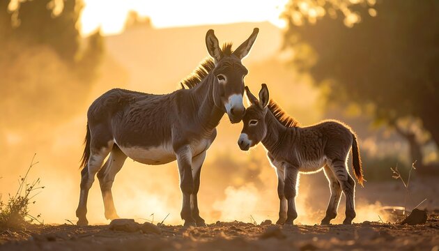 Loving mother donkey and foal silhouetted against a golden sunrise