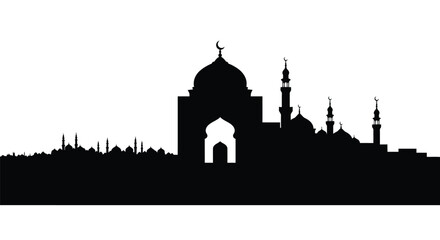 Mosque Silhouette with Domes and Minarets against White Sky © MSTAKLIM