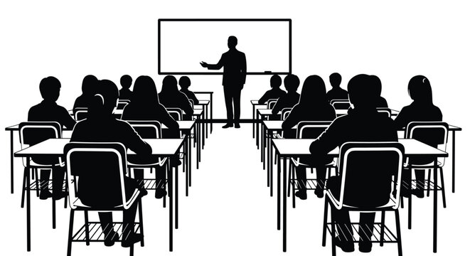 Black and white silhouette of a teacher leading a classroom of students representing education learning school environment lecture training seminar and academic growth