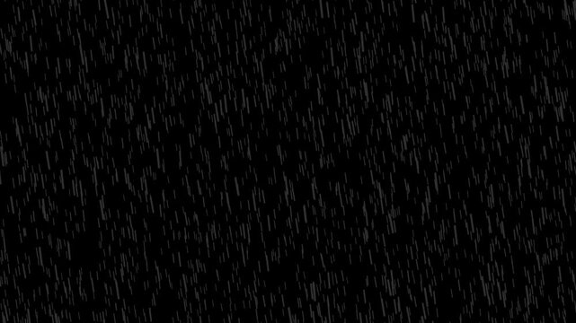 Falling raindrops footage animation, heavy rain falling on black background loop. 