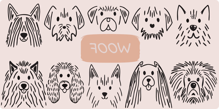 A collection of whimsical hand drawn dog portraits in a neutral palette