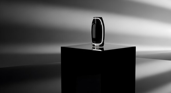 A sleek black object on a pedestal with dramatic lighting effects