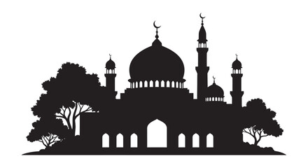 Mosque Silhouette with Domes and Minarets at Dusk with Trees © SadirStock