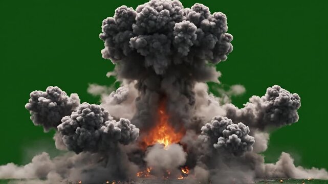 Large fiery explosion with smoke and sparks on green screen background