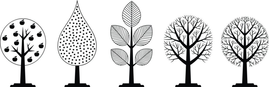 Black, and, white, vector, illustration, of, decorative, tree, icons, with, apple, leaf, and, geometric, patterns, for, nature, branding, garden, and, environment, designs