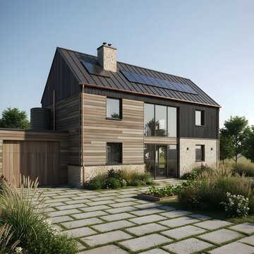 Recycled Material Eco House Rural Exterior with Sustainable Garage
